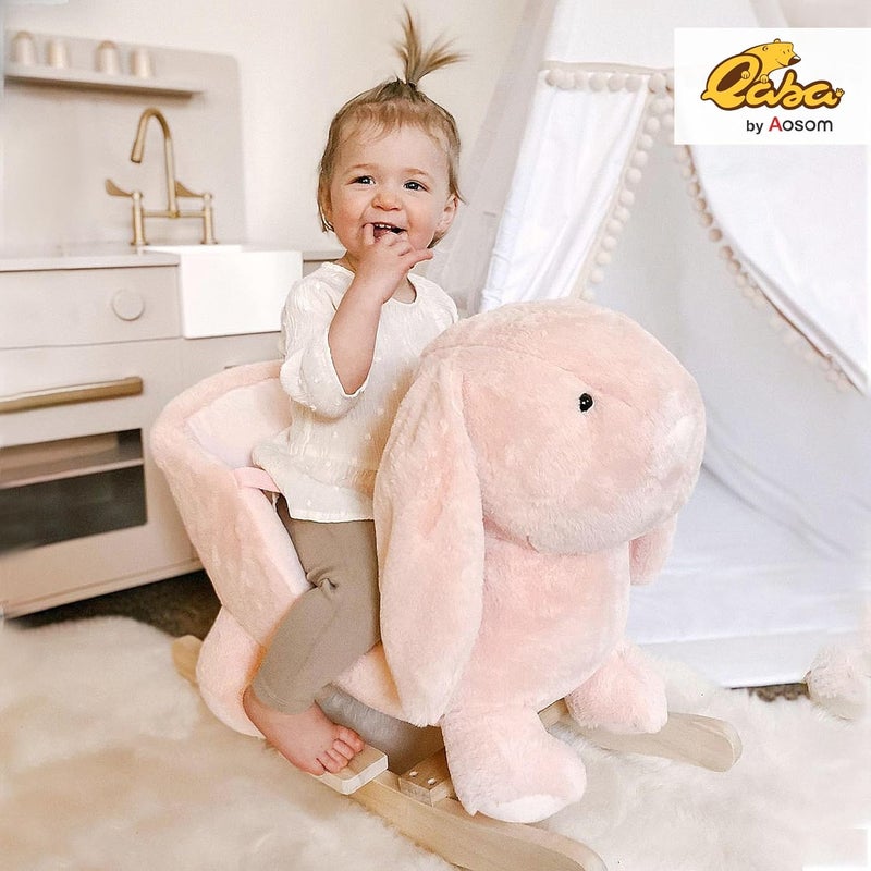 Qaba Baby Rocking Horse, Plush Rabbit Animal Rocker with Simulated Sound, Wooden Base, Seat Belt, Stuffed Rocking Chair for Toddler 18-36 Months, Pink - Image 2